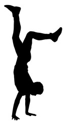 Young man doing cartwheel. Sportsman in handstand position vector silhouette illustration. Standing on hand pose.