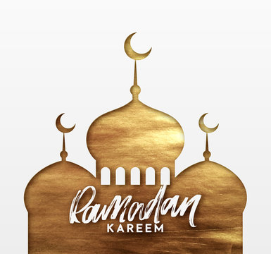 Ramadan greeting card with calligraphy Ramadan Kareem. Islamic background half a month with mosques in golden luxury gradient texture