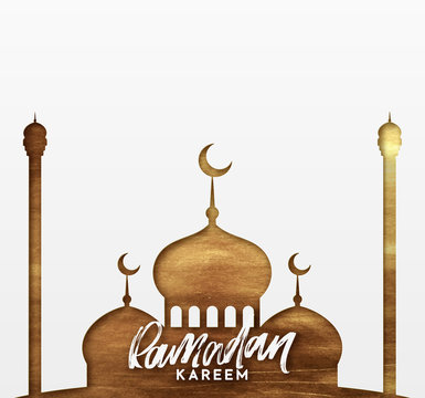 Ramadan greeting card with calligraphy Ramadan Kareem. Islamic background half a month with mosques in golden luxury texture