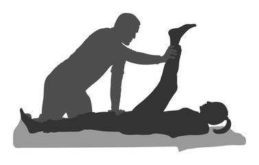 Physiotherapist and patient exercising in rehabilitation center, vector silhouette illustration. Doctor supports sport woman during physiotherapy treatment. Physical exercises massage and chiropractic