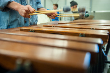 Xylophone, marimba or mallet player with sticks,