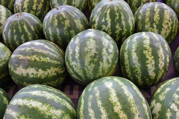 Watermelons, watermelons background. The focus on the left. Pile of fresh organic watermelons balls. Watermelon texture, melon pattern. Healthy vitamin food concept. 