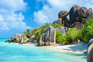Fotobehang Anse Source D'Agent, La Digue eiland, Seychellen Source d& 39 Argent Strand op eiland La Digue, Seychellen - Prachtig gevormde granieten rotsblokken en rotsformatie - Paradijsstrand en tropische bestemming voor vakantie