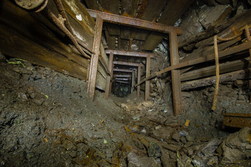 Underground old ore gold mine tunnel shaft passage mining technology metal timbering
