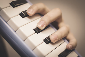 Someone is playing a melodica, also known as blow-organ, in vertical position. The hands are...