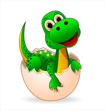 Cute dinosaur-baby.Small green dinosaur who just hatched from the egg 