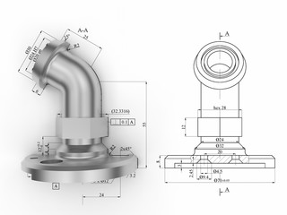 3D render - section cut metallic part over a 2D technical drawing