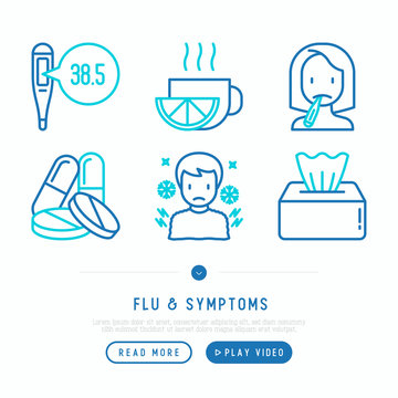 Flu and symptoms thin line icons set: thermometer, temperature, chills, tea with lemon, pills, tissue. Modern vector illustration.