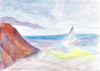 Drawing a yacht in the sea, an island and a clouds