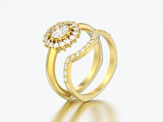 3D illustration yellow gold matching band set diamonds rings