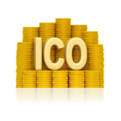 Initial coin offering (exchange or market of crypto currency). ICO text with stacks of golden coins...