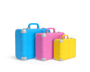 Group of three vibrant travel suitcases on white background (blue, pink and yellow colors). Large, middle, small sizes bags for family vacation
