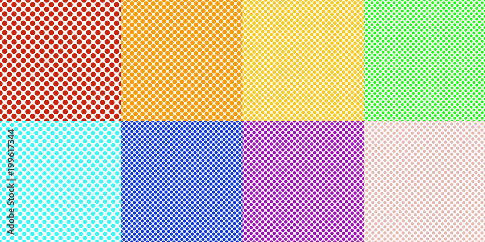 Poster simple seamless polka dot pattern background design set - squared vector collection from colored cir