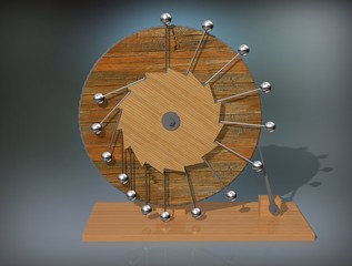 Perpetuum mobile. Leonardo da Vinci's perpetual motion machine. 3D illustration on a colorful background. Physics.