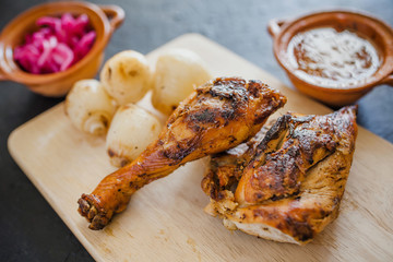 Grilled Chicken, fried roast, tortillas and onions mexican food in mexico city