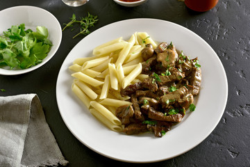 Beef stroganoff with mushrooms and pasta