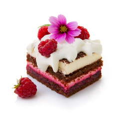 Chocolate cake with fresh raspberry isolated on white background.