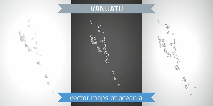 Vanuatu set of grey and silver mosaic 3d polygonal maps. Graphic vector triangle geometry outline shadow perspective maps