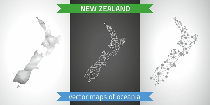 New Zealand collection of vector design modern maps, gray and black and silver dot contour mosaic 3d map