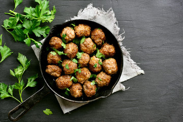 Meatballs in frying pan