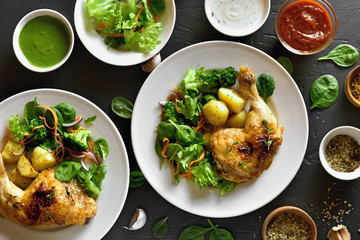 Chicken leg with potato and green salad