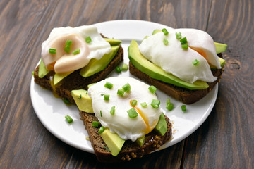 Healthy sandwiches with poached eggs and avocado