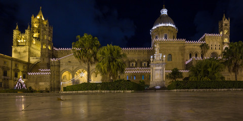 Palermo Cathedral at night with Christmas illumination