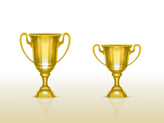 Vector 3d realistic cup, golden trophy for winner of competition, championship. Shiny gold metal goblet for success, victory. Reward, prize isolated on white background. Achievement design