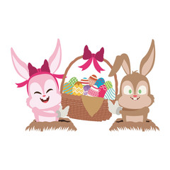 Obraz na płótnie Canvas Cute rabbits with easter eggs basket cartoon vector illustration graphic design