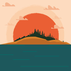 sunset landscape with lake and mountains, colorful design. vector illustration