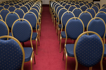 large conference room with red carpet and blue elite seats, comfortable armchairs, many armchairs