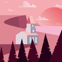 sunset landscape with house and trees, colorful design. vector illustration