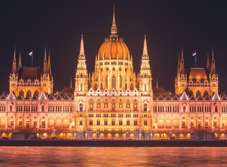 Fototapeta na wymiar View of Hungarian Parliament Building, Budapest Parliament exterior, also called Orszaghaz, with Donau river and city panorama 