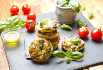 Delicious mini pizza on stone background