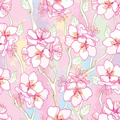 Vector seamless pattern with outline blooming Apricot flower bunch, branch and ornate leaves on the textured pastel pink background. Blossom of Apricot flowers in contour style for spring design.