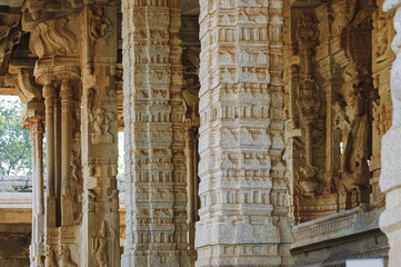 Close-up decoration of columns of Vitthala Temple in Hampi, Karnataka, India. Ancient ruins of Vijayanagara Empire. UNESCO World Heritage Site