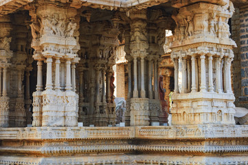 Close-up decoration of columns of Vitthala Temple in Hampi, Karnataka, India. Ancient ruins of Vijayanagara Empire. UNESCO World Heritage Site