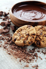 Chocolate cookies on grey table. Chocolate chip cookies shot
