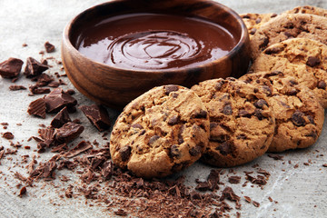 Chocolate cookies on grey table. Chocolate chip cookies shot