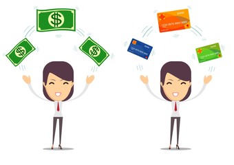 Woman with a credit card and cash. Stock flat vector illustration.