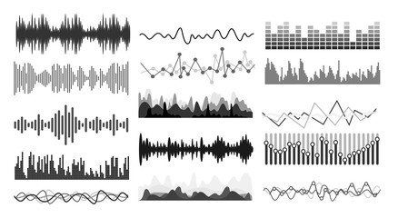 Obraz premium Zestaw fal dźwiękowych muzyki. Muzyczne wykresy pulsu lub dźwięku w technologii audio. Technologia korektora dźwięku, muzyka pulsacyjna. Ilustracji wektorowych. Na białym tle