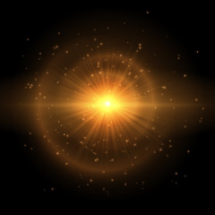 Gold flash of a colorful star on a black background. Vector illustration with bright light effect