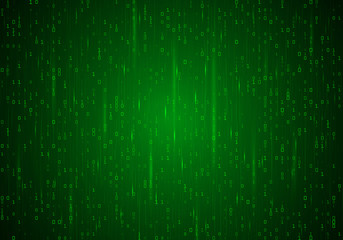 Bright neon background with a matrix. The numbers 1 and 0 fall on the green backdrop. Vector abstract digital illustration in a futuristic style