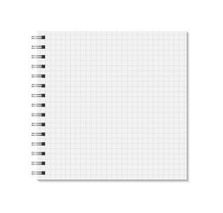 Square notebook mock up isolated on white background. Cell lined pages, copybook with metal spiral template. Realistic opened square notepad vector illustration.