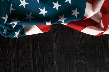 American flag on a antique wooden platform.