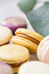 Close-up colorful French or Italian macaron on white wooden table. Macarons is French dessert served with tea or coffee. wallpaper, Vertical photo