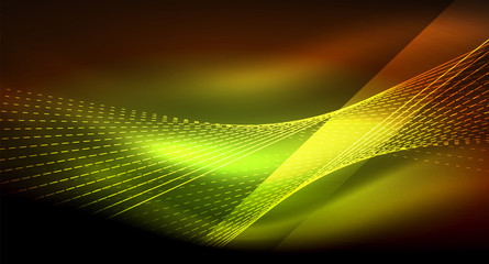 Smooth light effect, straight lines on glowing shiny neon dark background. Energy technology idea
