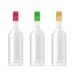 Alcohol beverage realistic glass bottle of vodka set, illustration template isolated on white background with space for corporate branding. Classic template in silver shades and bright foil caps.