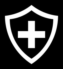 White Immune System (Cross In A Shield) Icon With Transparent Center On Black Background