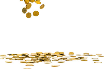 Falling gold coins money isolated on the white background, business concept.